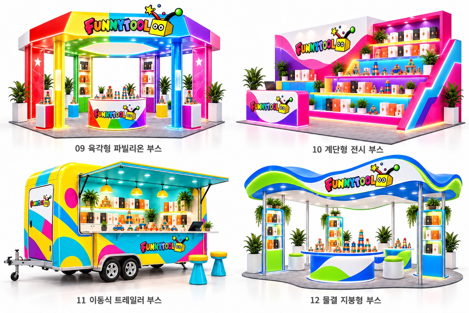 육각형 파빌리온·계단형 전시·이동식 트레일러·물결 지붕형 컬러풀 컬러